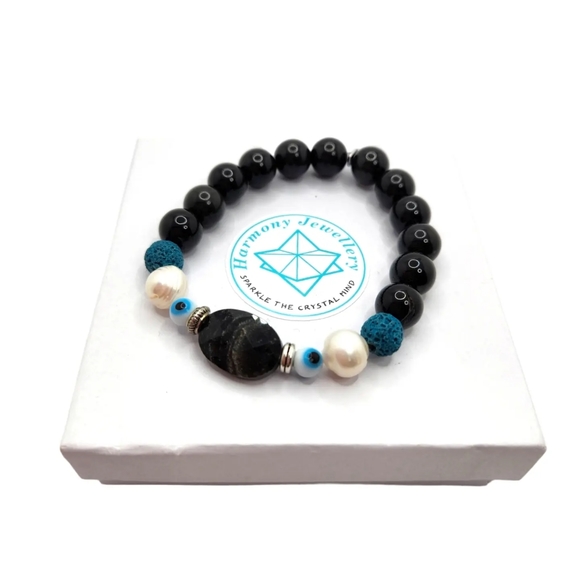 Black Obsidian, Freshwater Pearl, Evil Eye Bracelet 10 mm - Picture 1 of 6